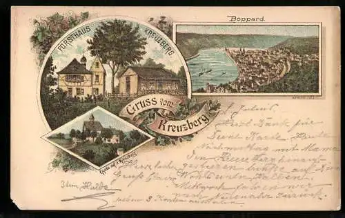 Lithographie Boppard, Forsthaus & Kapelle auf dem Kreuzberg, Stadt & Rheinansicht