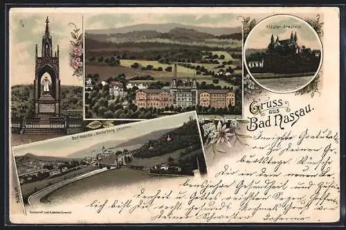 Lithographie Bad Nassau, Kloster Arnstein, Panorama vom Niederberg gesehen