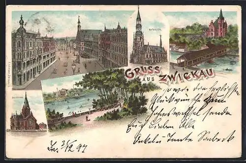 Lithographie Zwickau, Marktplatz, Moritzkirche, Marienkirche