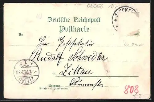 Lithographie Zwickau, Marktplatz, Moritzkirche, Marienkirche