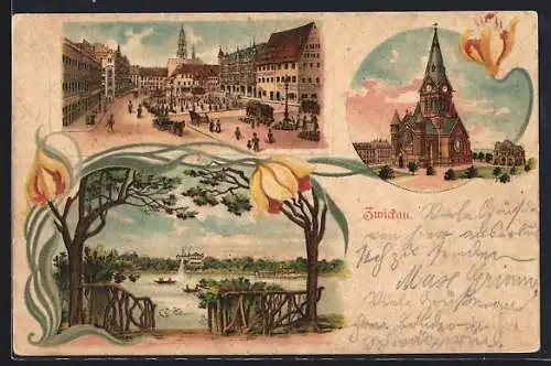 Lithographie Zwickau, Marktplatz, Kirche und Seeblick