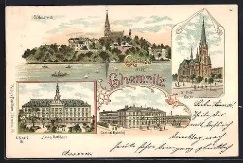 Lithographie Chemnitz, Central-Bahnhof, Neues Rathaus, Schlosskirche und St. Petri Kirche
