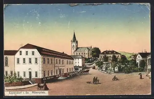 AK Eppendorf i. Sa., Albertplatz mit Kirche und Gasthaus