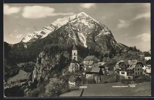 AK Pürgg, Blick auf die Kirche mit Bergpanorama
