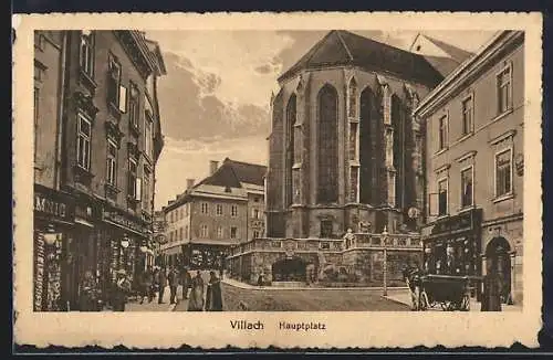 AK Villach, Hauptplatz mit Kirche u. Geschäften