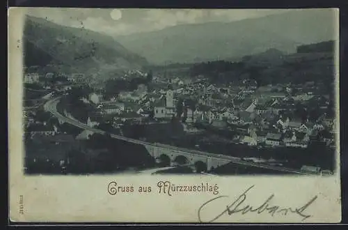 Mondschein-AK Mürzzuschlag, Ortsansicht mit Bahnstrecke u. Bergpanorama aus der Vogelschau