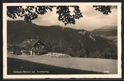 AK Semmering, Gasthaus Südbahn-Meierei, Gebäude mit Terrasse u. Semmering-Blick