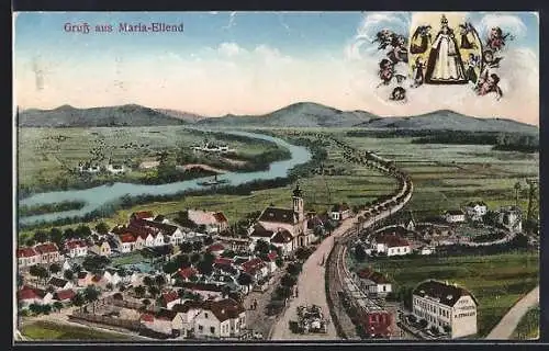 AK Maria-Ellend, Totalansicht mit Fluss, Landstrasse u. Bergpanorama, Maria mit Engeln