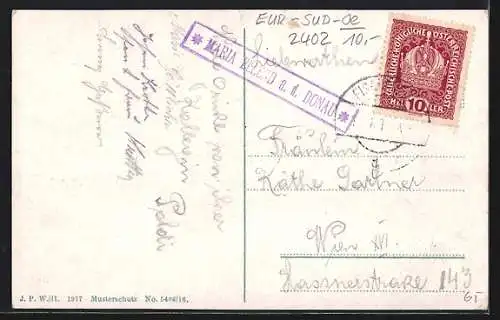 AK Maria-Ellend, Totalansicht mit Fluss, Landstrasse u. Bergpanorama, Maria mit Engeln