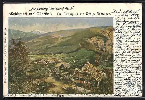 Künstler-AK Fügen /Tirol, Gesamtansicht mit Tal und Bergspitze aus der Vogelschau