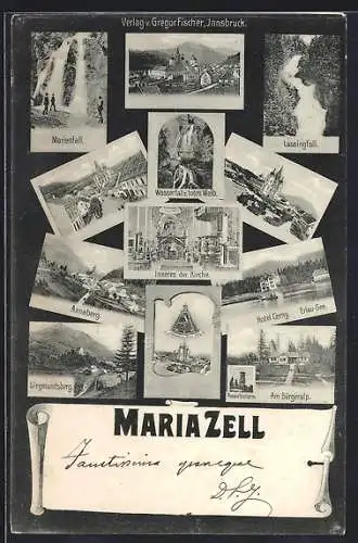 AK Mariazell, Hotel Cerny am Erlau-See, Marienfall, Bürgeralp u. Turm, Ortsansicht