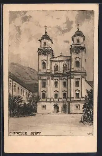 Künstler-AK Mondsee, Stift mit Anlagen u. Bergblick