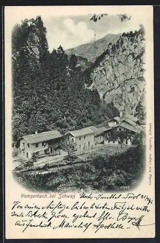 AK Vomp bei Schwaz, Vomperbach mit Bergpanorama aus der Vogelschau