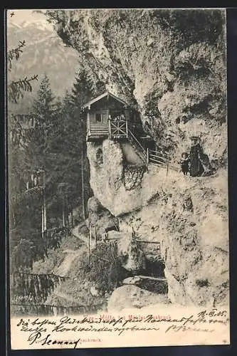 AK Mühlau-Innsbruck, Gasthaus Tee-Hütte mit Wanderweg und Besuchern