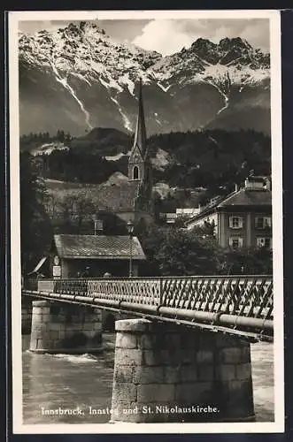 AK Innsbruck, Innsteg und St. Nikaolauskirche mit Bergpanorama