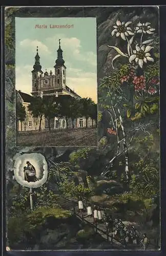 AK Maria Lanzendorf, Prozession im Wald, Pietà, Kirche