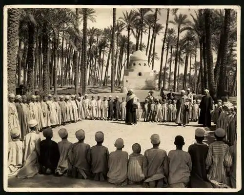 Fotografie Ansicht Memphis / Ägypten, ägyptische Schule unter Dattelpalmen mit Grab eines heiligen Mannes, 25 x 19cm
