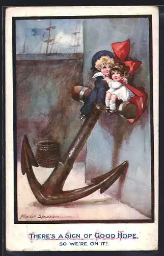 Künstler-AK Fred Spurgin: Kleines Paar umarmt sich auf einem riesigen Anker