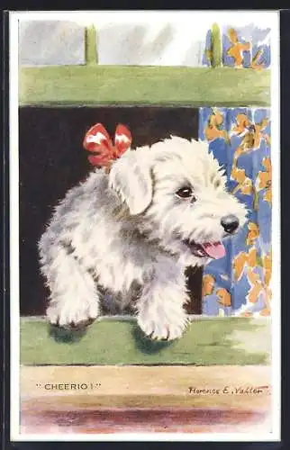Künstler-AK Florence E. Valter: Cheerio!, Hund mit Schleife