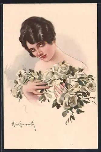 Künstler-AK Amedeo Momo Simonetti: Dame mit Strauss aus weissen Rosen