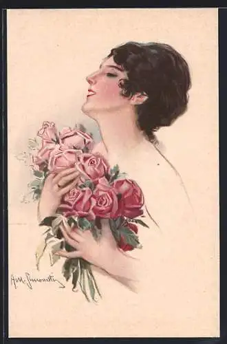 Künstler-AK sign. Simonetti: Schöne junge Dame mit vielen Rosen