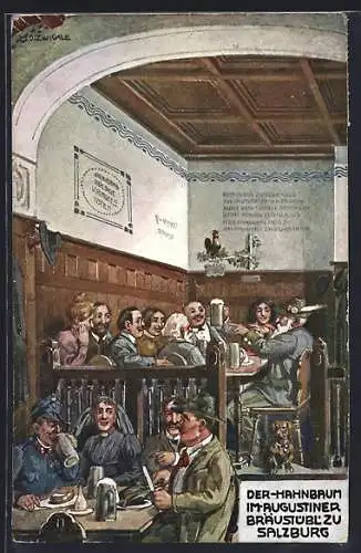 Künstler-AK Salzburg, Der-Hahnbaum im Augustiner Bräustübl