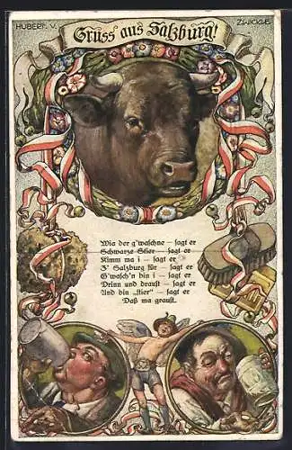 Künstler-AK Hubert von Zwickle: Salzburg, Stier, Biertrinker, Engel in Tracht