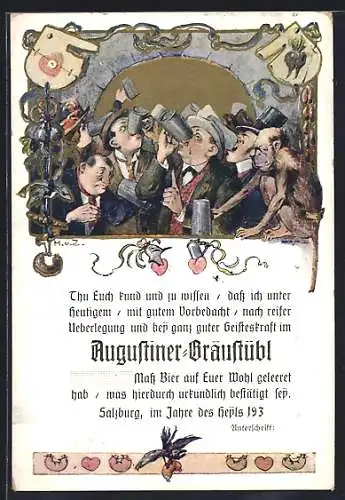 Künstler-AK Salzburg, Gasthaus Augustiner-Bräustübl, Bescheinigung über Bierkonsum