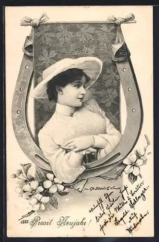 Künstler-AK Charles Scolik: Elegante Dame mit Hufeisen, Blumen, Neujahrsgruss