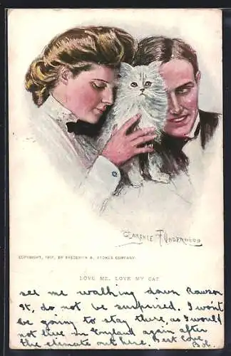 Künstler-AK Clarence F. Underwood: Liebespaar mit weisser Katze