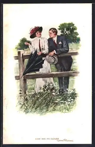 Künstler-AK Clarence F. Underwood: Love has its clouds, Paar mit Schirm und Hut an einem Gartenzaun
