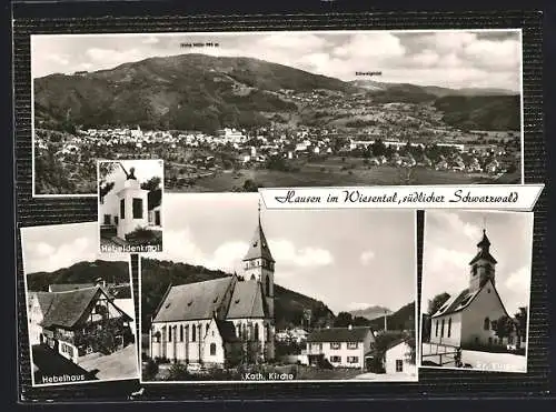 AK Hausen im Wiesental, Hebelhaus, Kath. Kirche, Ev. Kirche und Totalansicht