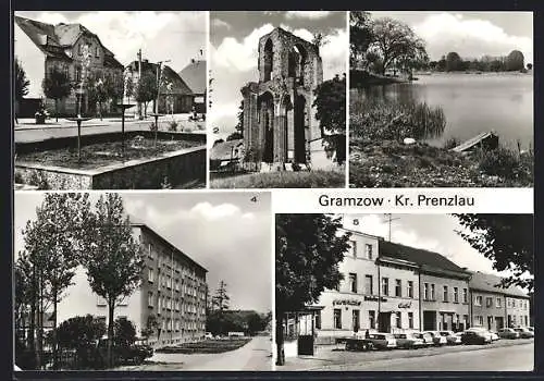 AK Gramzow /Prenzlau, Gaststätte Deutsches Haus, Ruine der Klosterkirche, Springbrunnen am Markt
