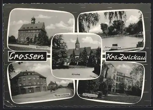 AK Crossen /Zwickau, Feuerwache, Schwimmbad, Rathaus