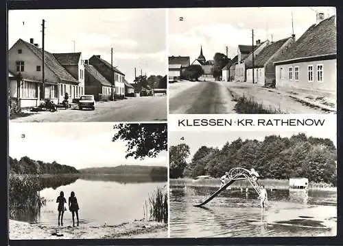 AK Klessen /Rathenow, Strassenpartie mit Kirchturm, Lehrlingswohnheim der LPG, Freibad mit Rutsche, Seepartie