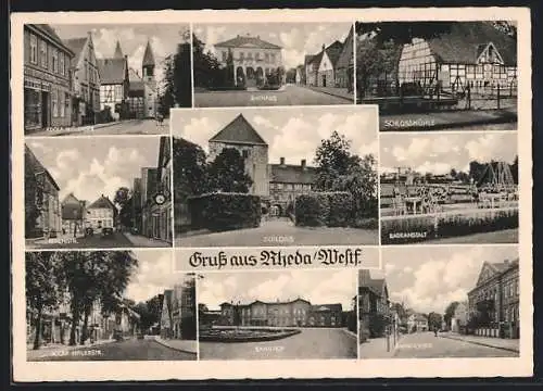 AK Rheda i. W., Badeanstalt, str., Kirchstr., Bahnhofstr., Schlossmühl