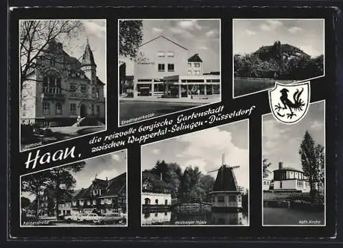 AK Haan /Bergisches Land, Kaiserstrasse, Stadtsparkasse, Heidberger Mühle, Wappen