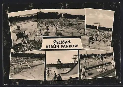 AK Berlin-Pankow, Freibad mit Badegästen, Rutsche, Sprungturm