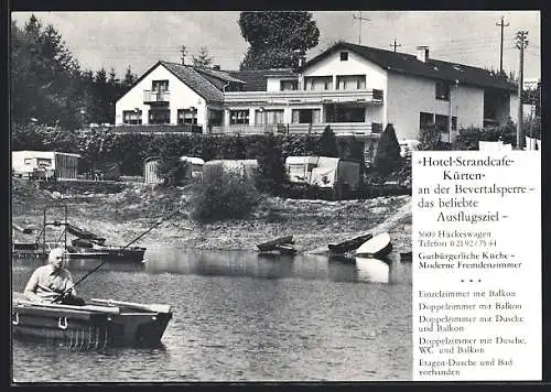 AK Hückeswagen, Hotel-Strandcafe Kürten an der Bevertalsperre vom Wasser aus