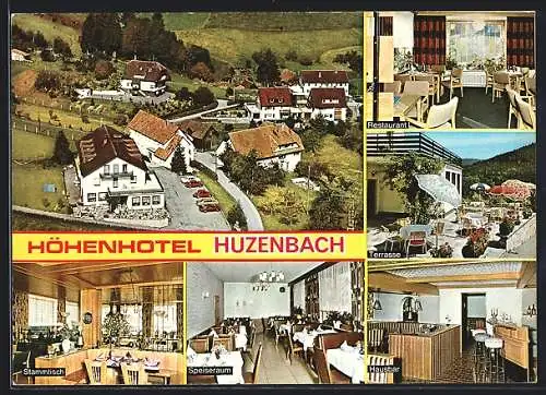 AK Huzenbach /Murgtal, Höhenhotel Huzenbach Pfeifle-Bubenheim mit Strasse von oben, Terrasse, Innenansichten