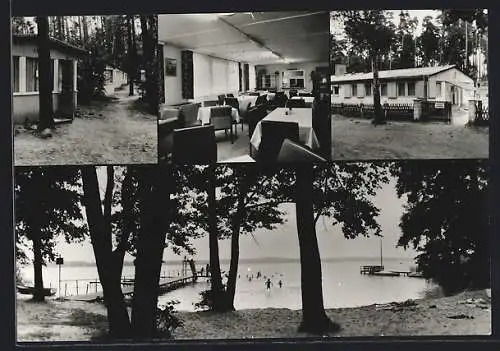AK Bad Saarow-Strand, Betriebspionierlager Universität Leipzig, Bootssteg, Gebäude- u. Innenansichten