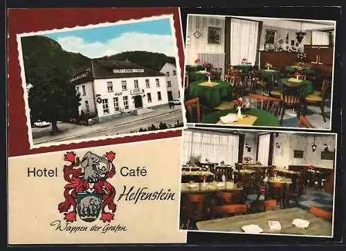 AK Bad Münster a. Stein-Ebernburg, Hotel-Cafe Helfenstein, Berliner Str. 7, Wappen der Grafen