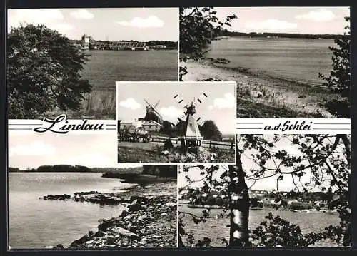 AK Lindau / bei Kiel, Windmühlen, Brücke über die Schlei bei Lindaunis, Panorama vom Wasser aus
