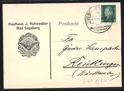 AK Bad Segeberg, Korrespondenzkarte Kaufhaus J. Rohwedder, Siegel Nordwestdeutsche Einkaufsvereinigung
