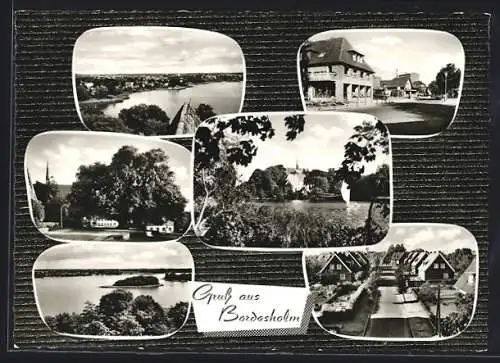 AK Bordesholm, Ortspartie mit Geschäftshaus, Totalansicht mit Gewässer, Strassenpartie aus der Vogelschau