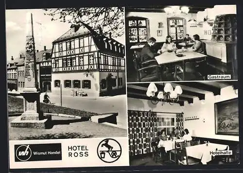 AK Zwönitz, Wismut Handel Hotel Ross mit Denkmal, Gastraum, Hotelhalle