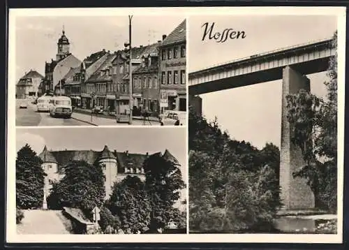 AK Nossen, Strassenpartie mit Buchhandlung, Brücke und Schloss