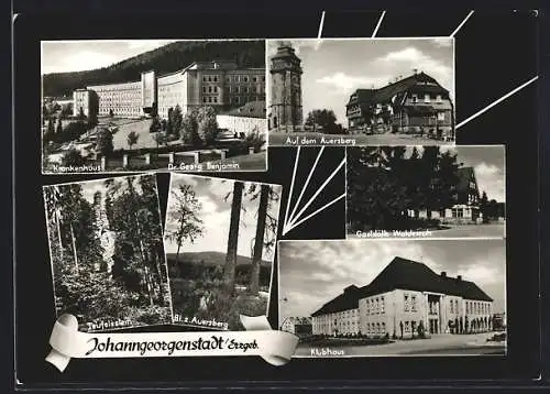 AK Johanngeorgenstadt /Erzgeb., Gaststätte Waldesruh, Krankenhaus Dr. Georg Benjamin, Klubhaus und Teufelsstein