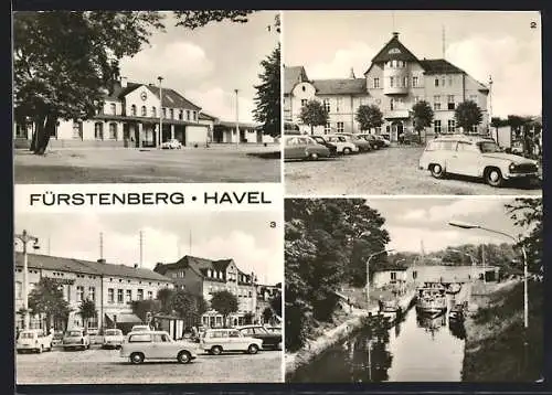 AK Fürstenberg / Havel, Bahnhof, Rathaus am Marktplatz, Dampfer MS Zeuthen in der Schleuse