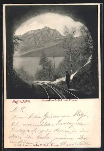 AK Rigi-Bahn, Tunneldurchblick mit Pilatus
